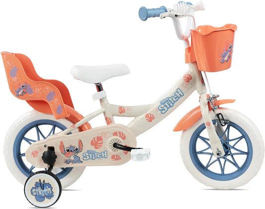 Vélo, Enfant 12' Stitch équipé de 1 Frein, Panier Avant, Porte poupée arrière, Garde boues, Carter et stabilisateurs Amovibles