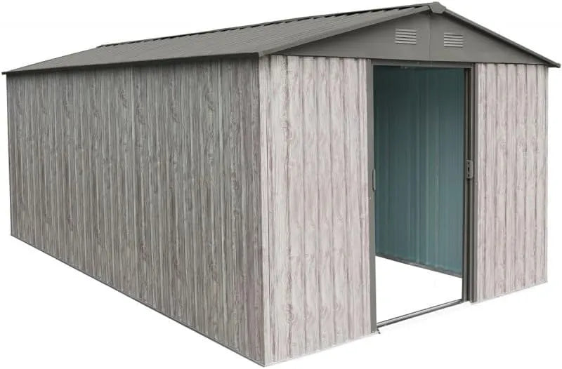 Abri de jardin, dimensions 301x367cm, Beige, Ventilation, Résistant Neige, Métal WoodTouch 11m², Acier Galvanisé, Double Porte Coulissante