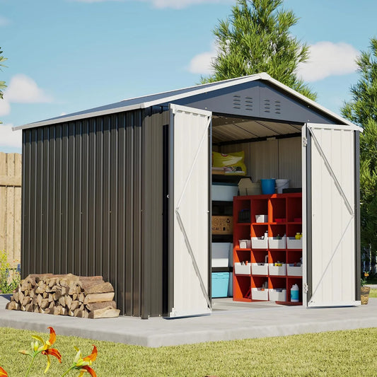Abri de jardin, en métal 240 x 192,3 x 191 cm, 4 aérations et verrouillable, Abri à outils avec porte coulissante