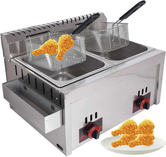 Gaz GPL en acier inoxydable x 2 Friteuse à, Idéale pour usage domestique et commercial, puissance réglable, complète avec paniers et couvercles