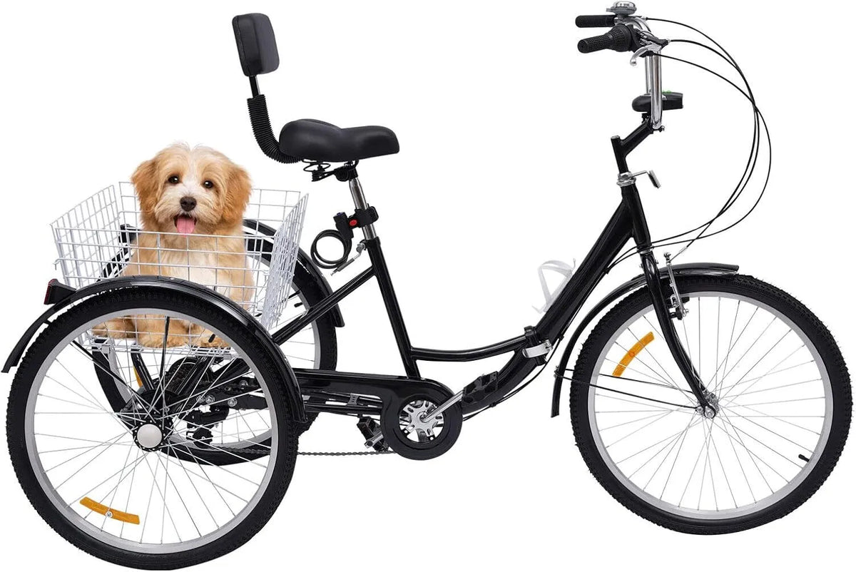 De 61 cm pour adultes Tricycle pliable, 7 niveaux de vitesse, 7 niveaux de vitesse, avec pont panier, dossier et porte-gobelet, finition noire