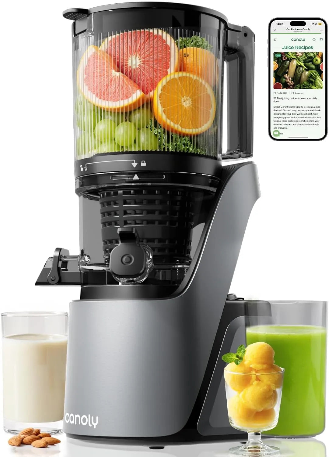 Canoly Centrifugeuse, moteur AC puissant sans balais, pour jus et sorbet, facile à nettoyer avec un, double tamis, système d'auto-prédécoupe