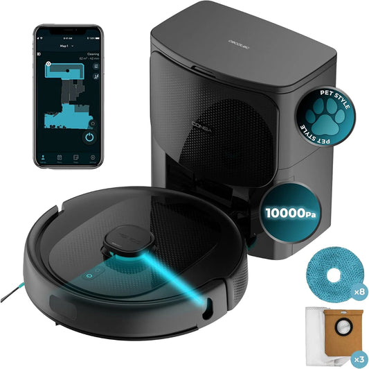 Cecotec aspirateur 9590 240min, avec Base AutoVidange Conga Spin Revolution Ultra Power Home. Navigation Laser, 10000Pa, Robot et Laveur de Sols, App
