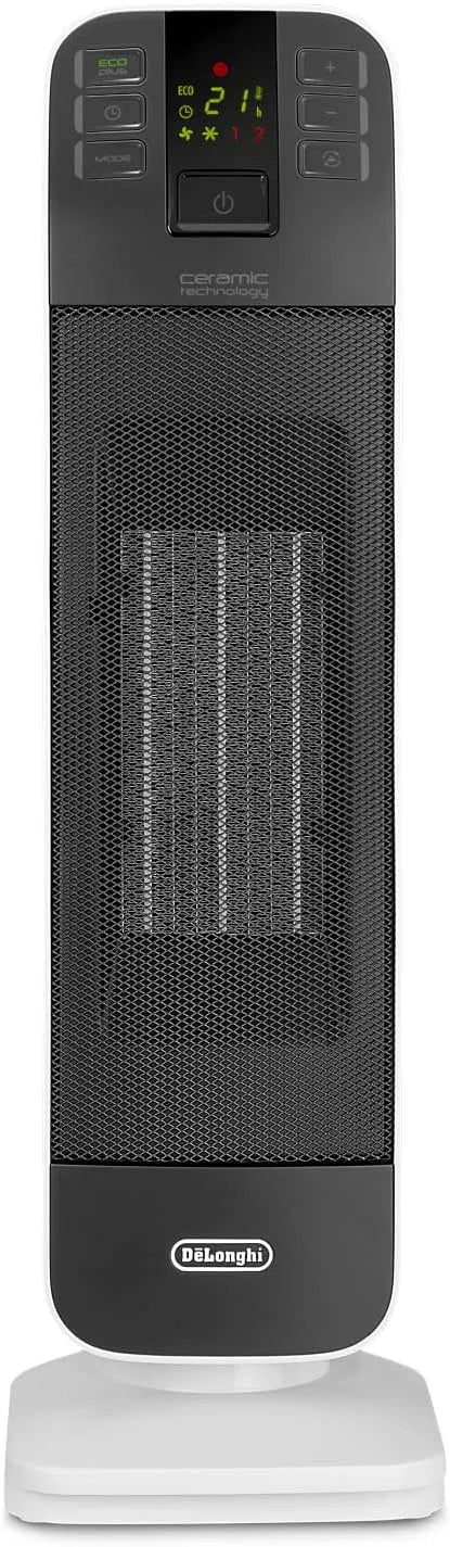De'Longhi modèle HFX65V20 24H, Chauffage soufflant à tour, fonction Eco-énergie, silencieux, lumière, finition blanche, 2 niveaux de puissance, léger