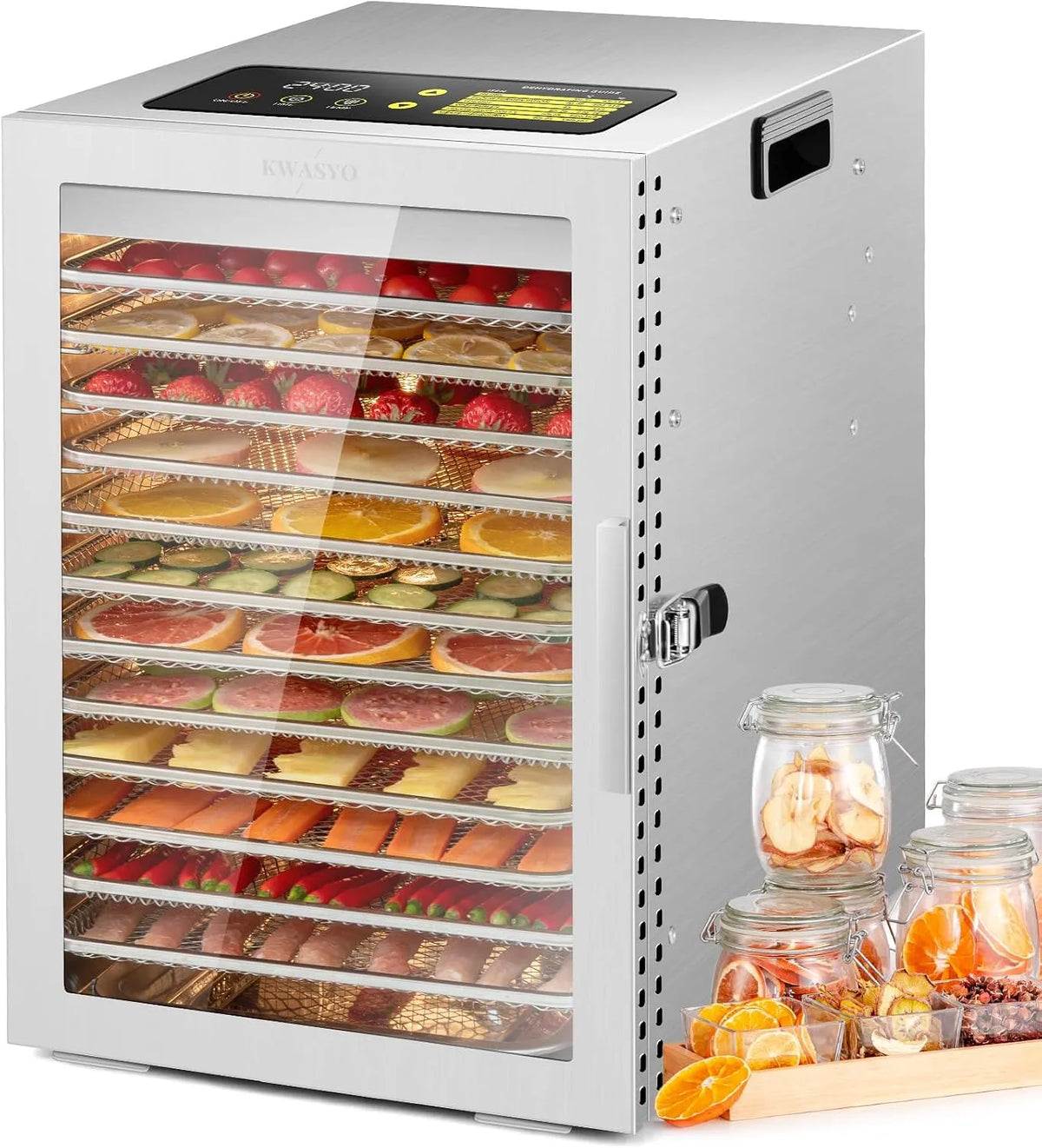 Ventilateur 24H, Kwasyo Deshydrateur Alimentaire avec 12 Plateaux Inox, Séchage efficace à 360 ° double, Protection contre la surchauffe