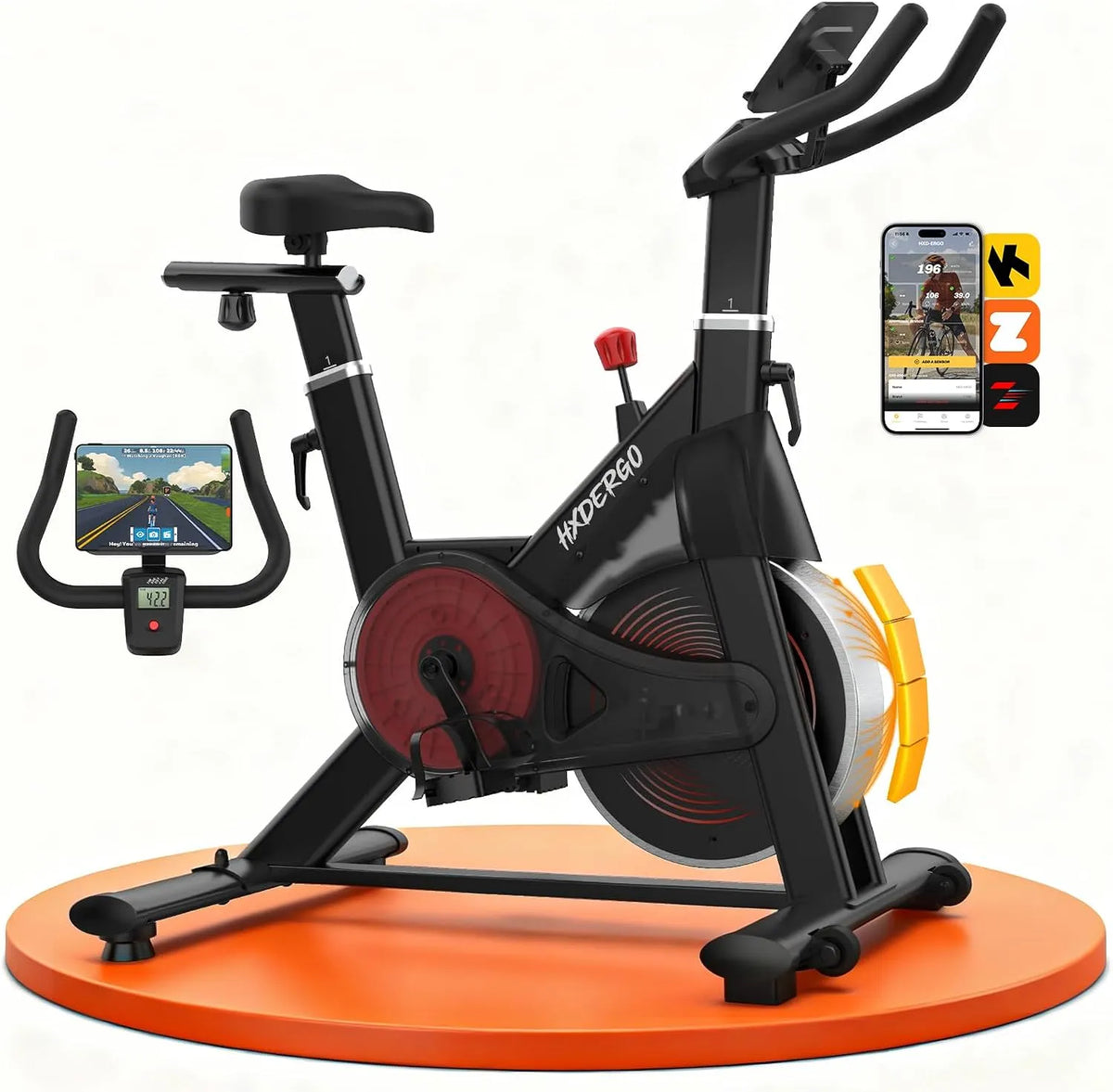 Vélo HXD-ERGO, Charge 150 kg, d'Appartement Magnétique Silencieux, Résistance Infinie, Structure Stable, Siège & Guidon Réglables, Écran LCD, Zwift
