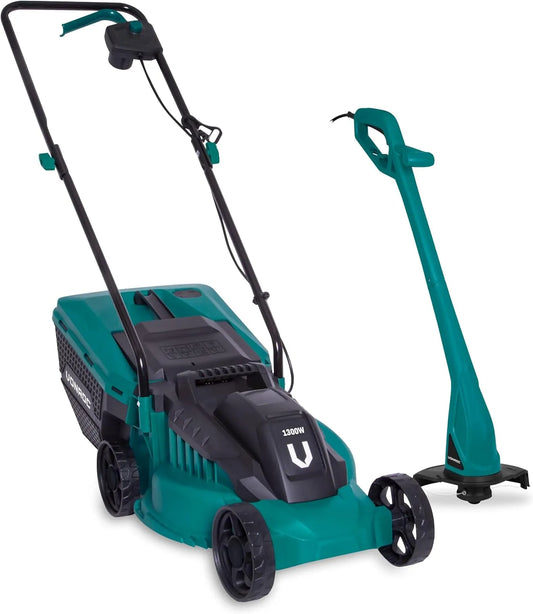 Tondeuse VONROC, Gazon 1300W et Débroussailleuse 300W, Largeur de Coupe 32cm, Bac Ramassage 30L Inclus, puissance 300W, Entretien Pelouse, Coupe Herbe