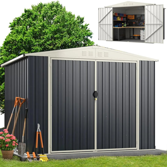 Abri de jardin RELAX4LIFE, en Métal 8M³ 5M², Toit Incliné, Fenêtre de Ventilation pour Outils Vélo Poubelle, finition grise+finition blanche