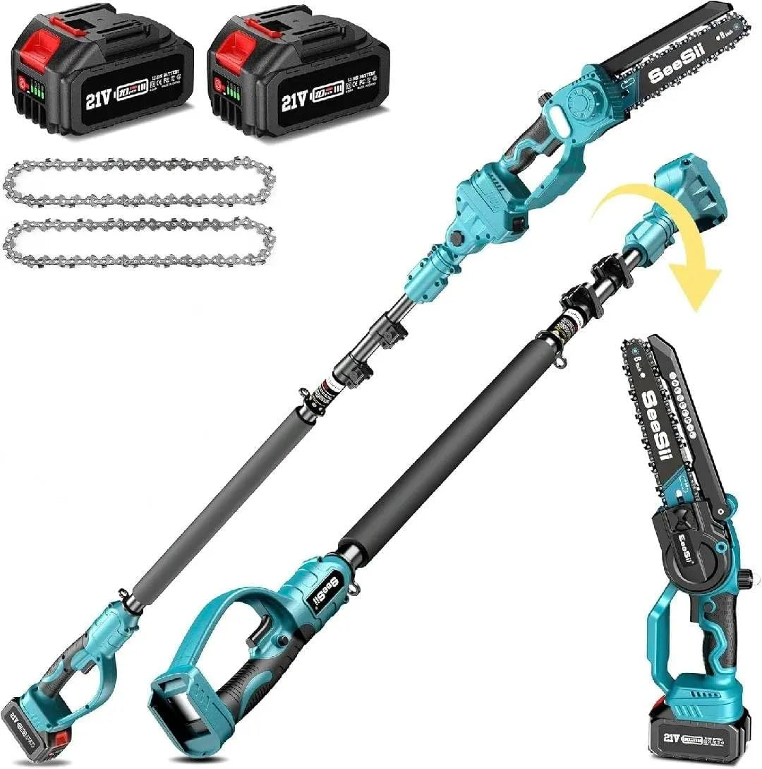 Tronçonneuse, SEESII 2-en-1 télescopique & Mini avec 2 Batteries de 4000mAh, sans Balais de 8 Pouces avec Perche
