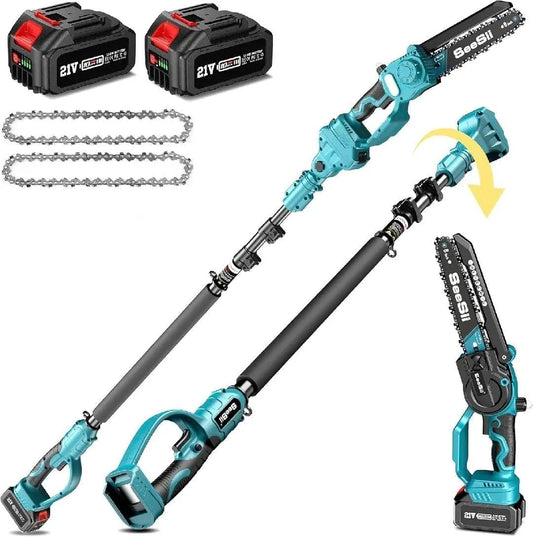 Tronçonneuse, SEESII 2-en-1 télescopique & Mini avec 2 Batteries de 4000mAh, sans Balais de 8 Pouces avec Perche