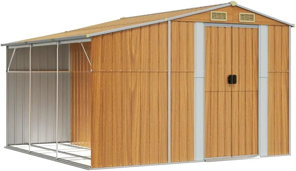 Abri de jardin vidaXL, Marron Clair 277x279x179 cm Acier Galvanisé, Cabane à Outils avec Poignées, Remise à Outils avec Toit Inclinable