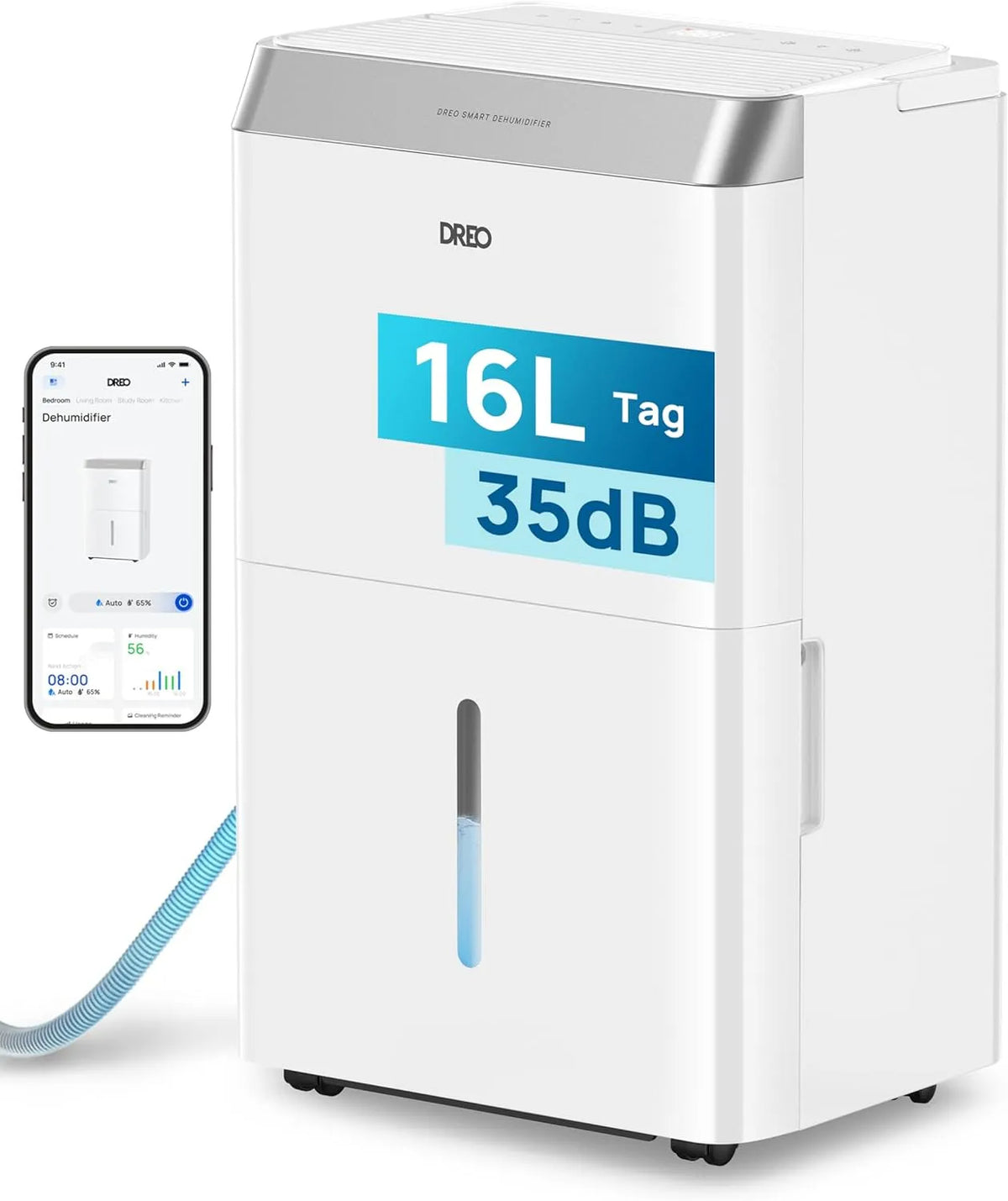Déshumidificateur 24h DREO, d'air 16L, 3 Modes, avec réservoir d'eau 3.4L, Pour 30㎡, silencieux 35dB, jour, Wi-Fi & Alexa, Minuterie