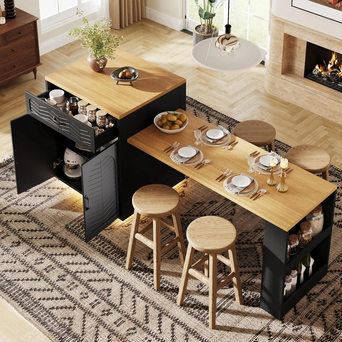 Table, YEHTOKHOME Îlot Central Cuisine avec Plan de Travail Extensible 140-193 cm, Armoire à Vin, 2 Tiroir et 4 Portes, de Bar avec Rangement