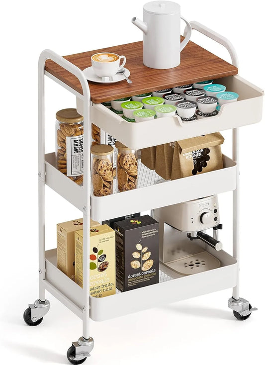 À roulettes avec Plateau en Bois kingrack Desserte, Chariot de Rangement à 3 Niveaux, la Salle de Bain, la Chambre, Marron, Convient pour la Cuisine