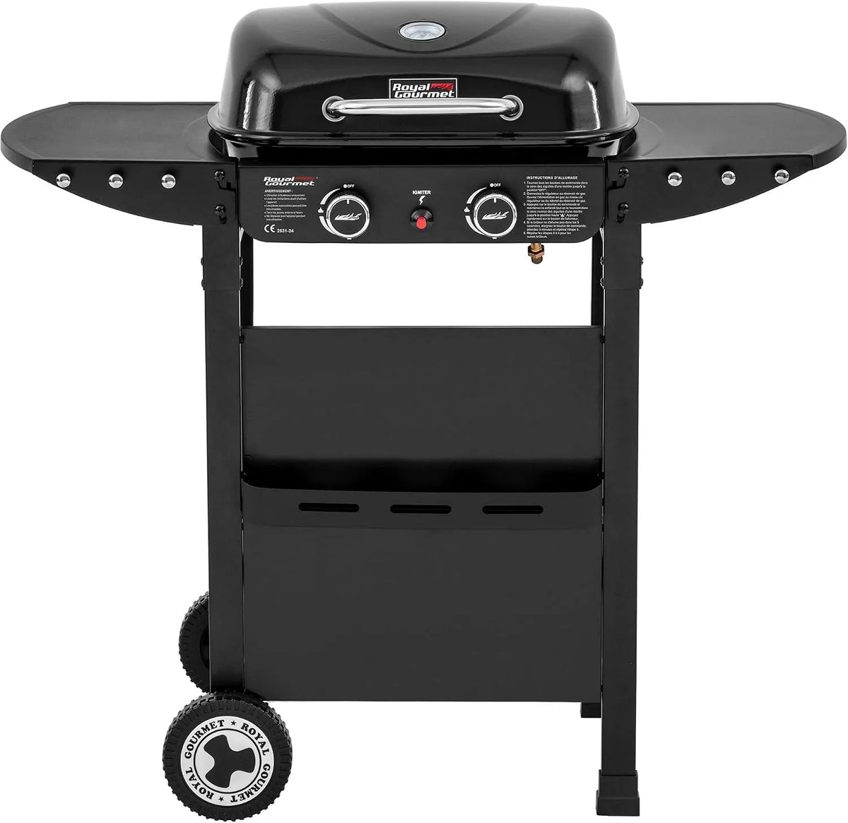 Barbecue à gaz, 2 en 1 Plaque et Grille Combinés avec Tables Latérales Pliables et Couvercle, Adapté pour Jardin et Camping, Puissance 5kW