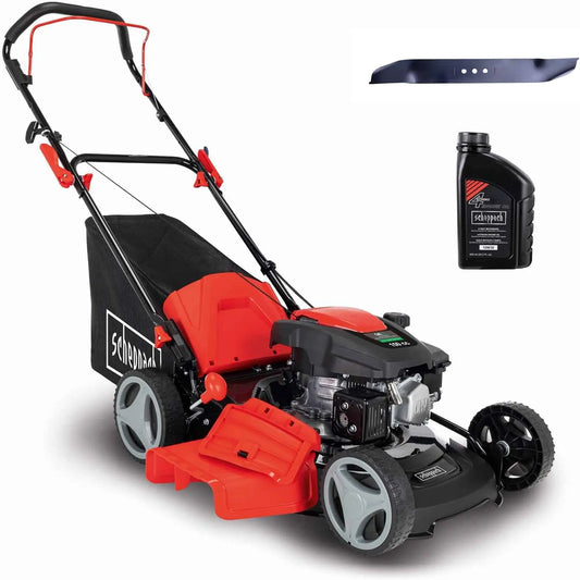 Scheppach tondeuse à gazon MP150-46, Largeur de Coupe 46 cm, Moteur 4 Temps 3,5 CV, 8 hauteurs de Coupe, Bac 55L, Thermique
