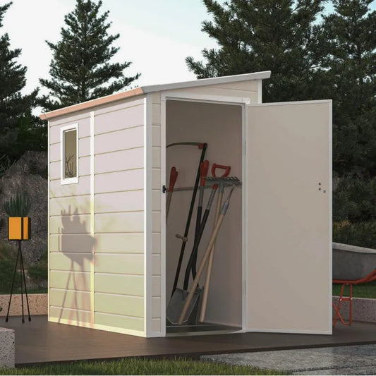 Abri de jardin, Adossé en Résine Beige 2,09m², Structure Acier Galvanisé, Rangement Extérieur avec Fenêtre et Aération, Kit de Fondation Inclus