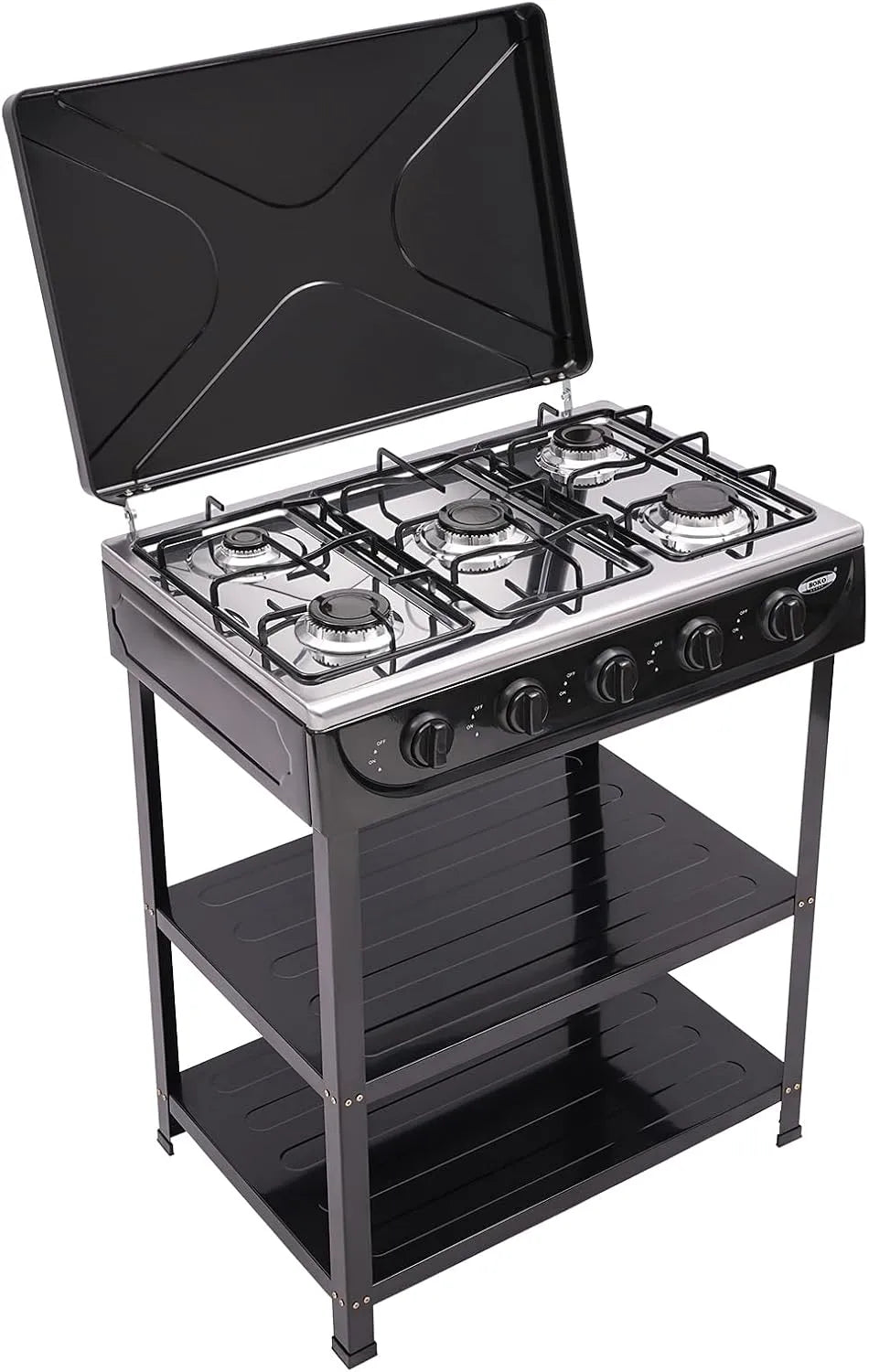 Plaque de cuisson, de cuisson à gaz naturel avec 5 brûleurs, cuisinière à gaz naturel autonome avec étagère à 2 étages et couvercle, portable