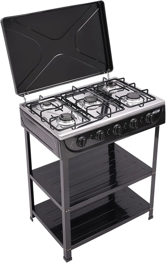 Plaque de cuisson, de cuisson à gaz naturel avec 5 brûleurs, cuisinière à gaz naturel autonome avec étagère à 2 étages et couvercle, portable
