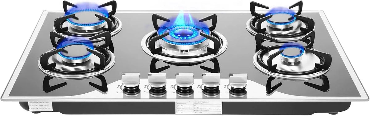 Plaque de cuisson, de cuisson à gaz, avec supports en fonte, pose libre, noire, 5 feux, en verre trempé, encastrable