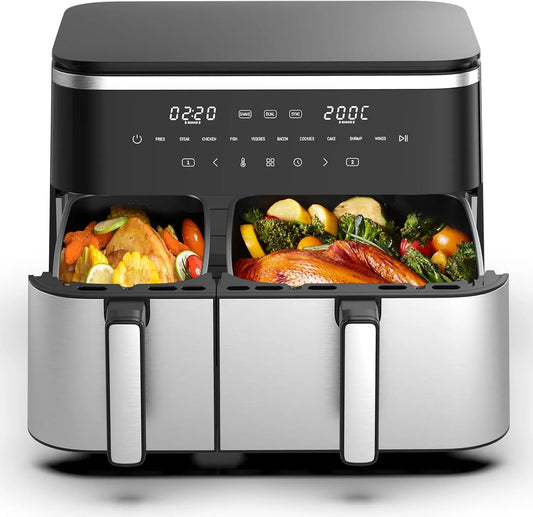 Friteuse à air chaud, 10 Programmes, capacité 7L, Écran Tactile & Rappel Shake, saine et flexible, Air Fryer XXL 11L Dual Zone, capacité 4L