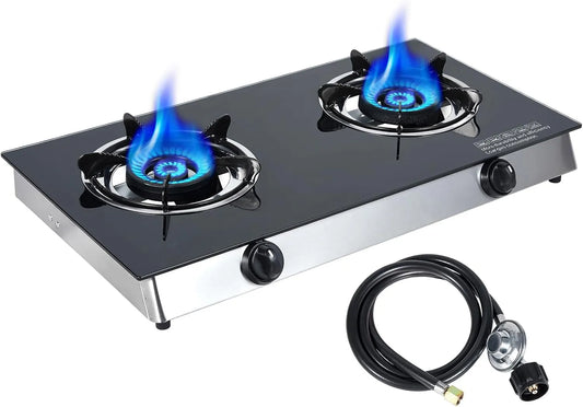 Table de cuisson, 19 000 BTU, régulateur et tuyau certifiés CSA, à gaz propane à 2 brûleurs, pour camping