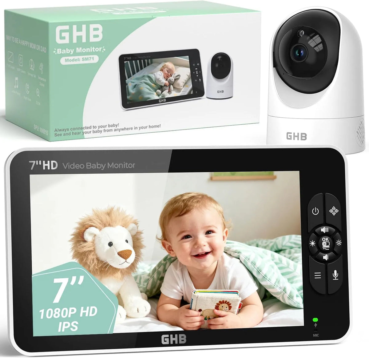1080P 168H GHB Babyphone, Cémera 7' Caméra Bebe Surveillance 350° Rotation Écran IPS HD Mode VOX Autonomie de la