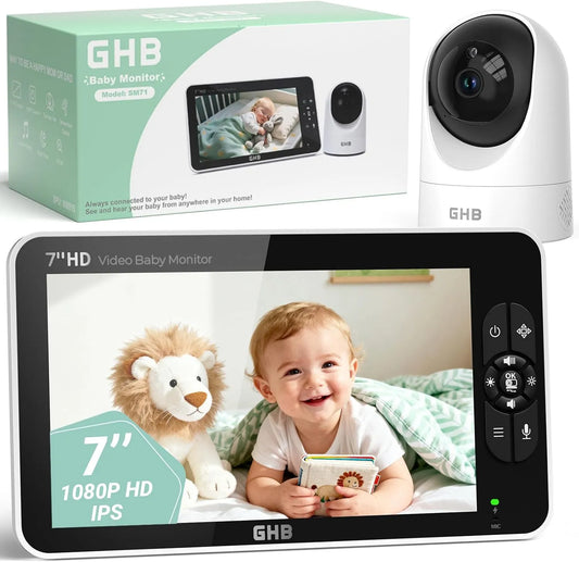 1080P 168H GHB Babyphone, Cémera 7' Caméra Bebe Surveillance 350° Rotation Écran IPS HD Mode VOX Autonomie de la