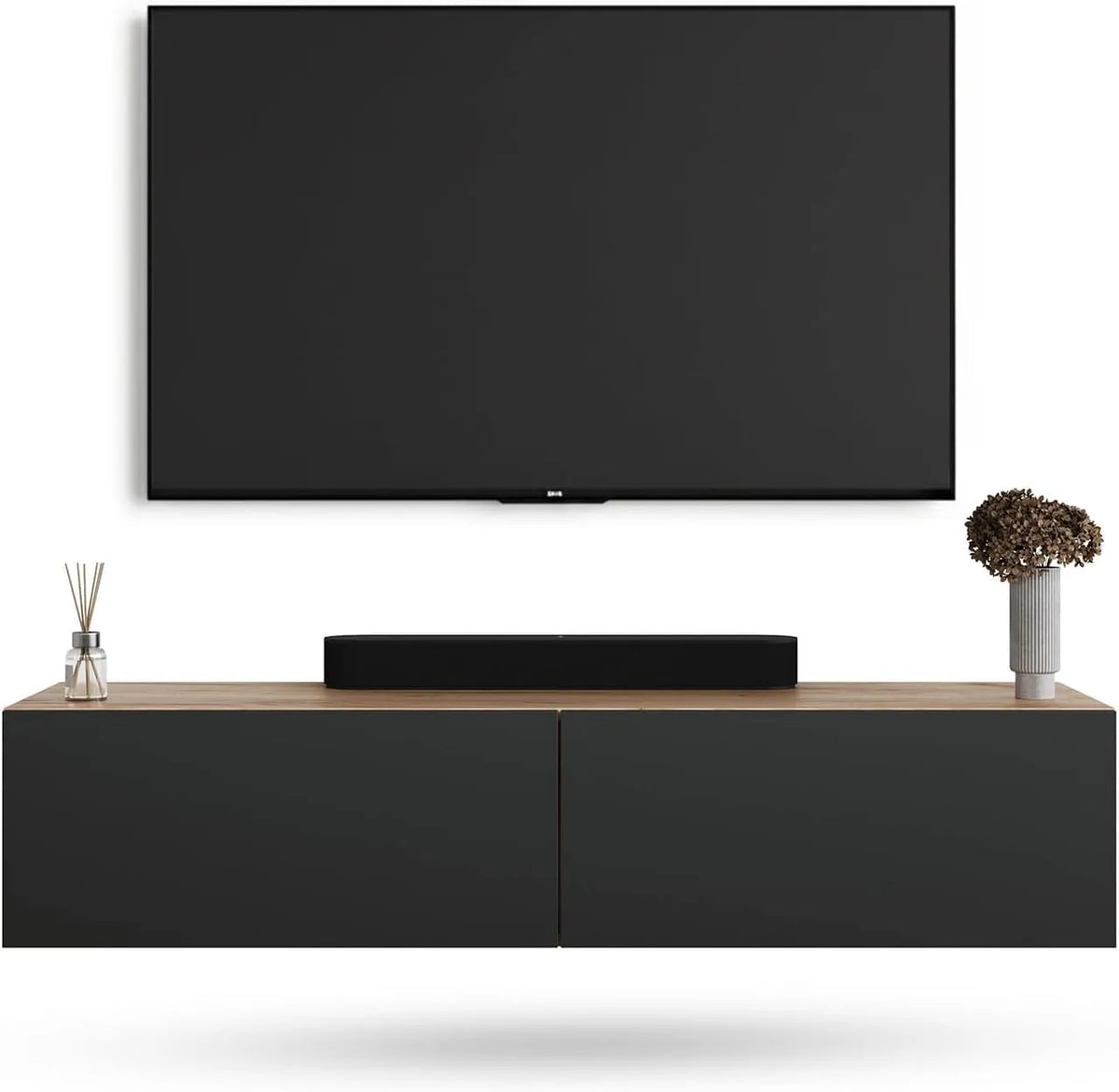 Meuble TV, Table TV 140 cm de Long, Meuble Tele Suspendu ou posé au Sol, Table Television pour Salon, West, chêne doré Anthracite
