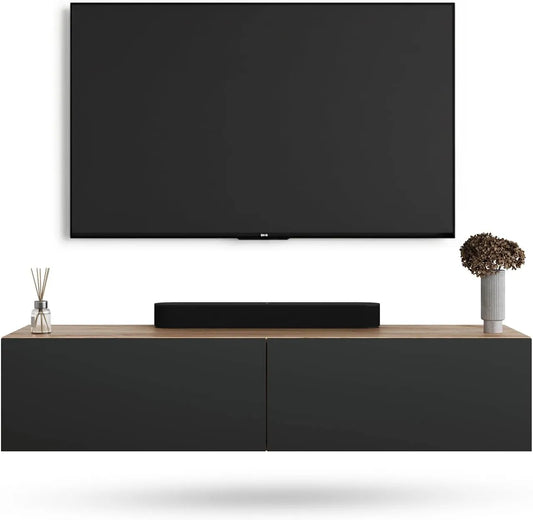 Meuble TV, Table TV 140 cm de Long, Meuble Tele Suspendu ou posé au Sol, Table Television pour Salon, West, chêne doré Anthracite