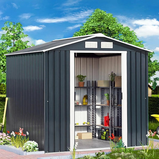 Abri de jardin Costway, Métal 2.7㎡ Toit Incliné, 2 Trous d'Aération, Poubelle, Cabane de Jardin avec 2 Portes Coulissantes Verrouillables
