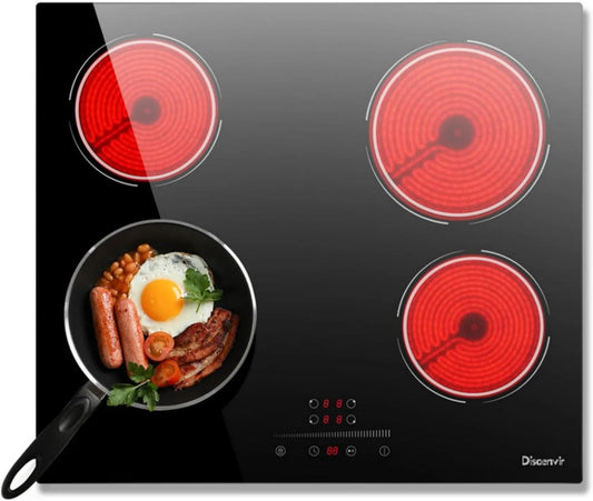 Plaque de cuisson, vitro-céramique 4 feux 6000W, largeur 60cm, encastrable 220V, 9 niveaux, pause, minuterie, anti-touche, Disaenvir