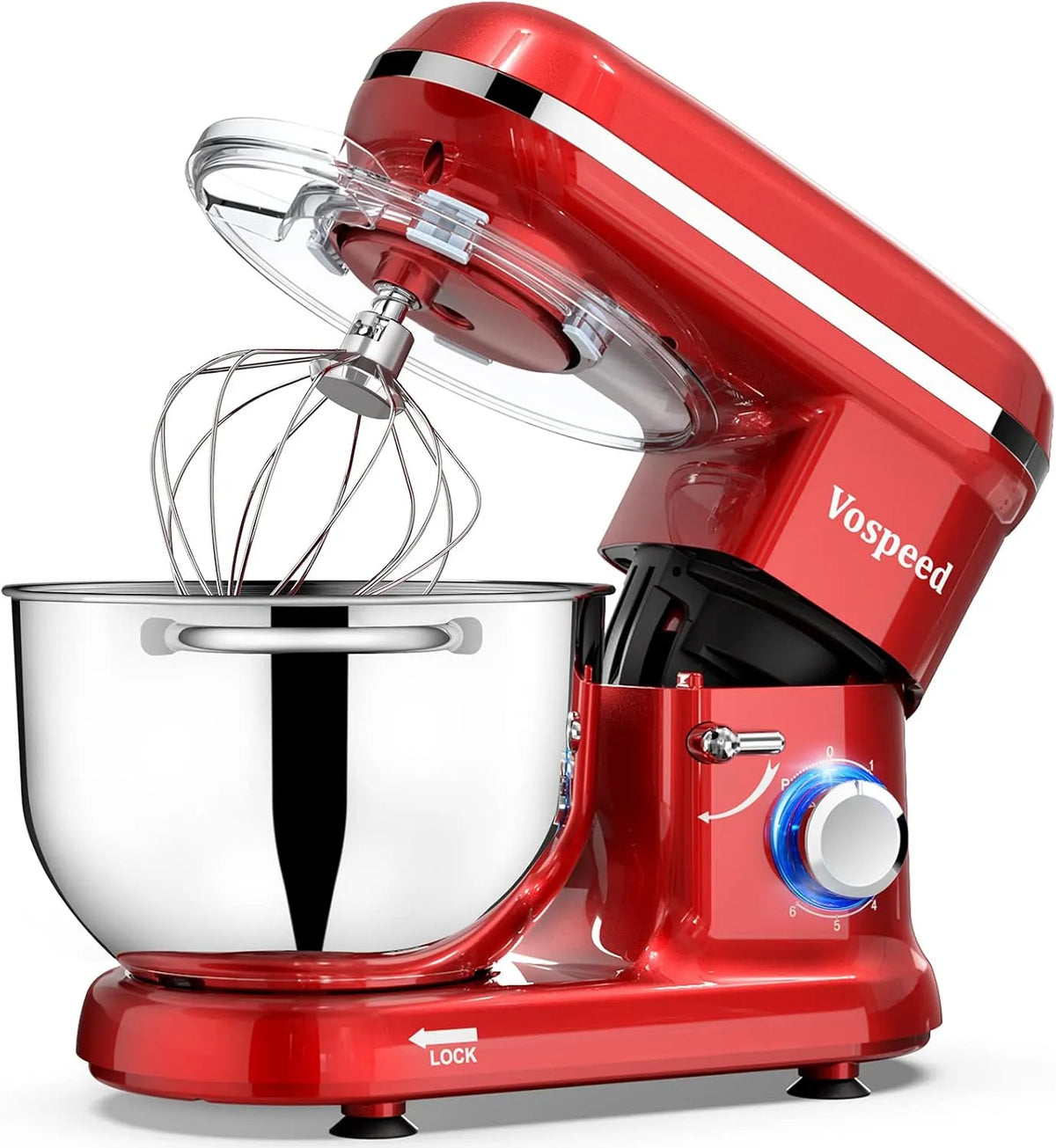 Lave-vaisselle 6.2QT, Gateau Mélangeur Électrique Cuisine Avec Acier Inoxydable Bowl, Crochet Pétrisseur, Rouge, Vospeed Robot Patissier 1500W