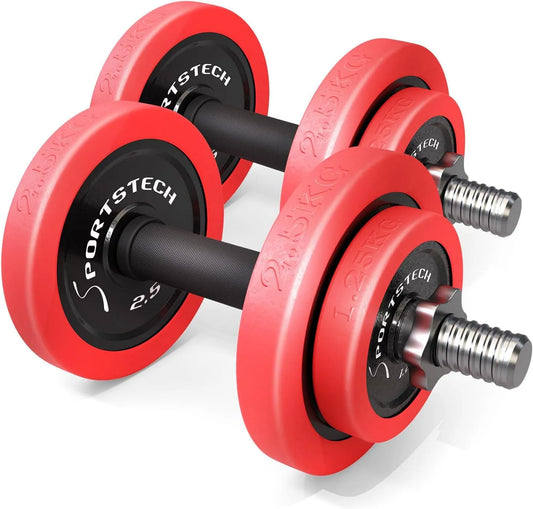Sportstech 2 en 1 avec Couvercle en Silicone AH300, Musculation réglable en Fonte de 20/30KG, Longue