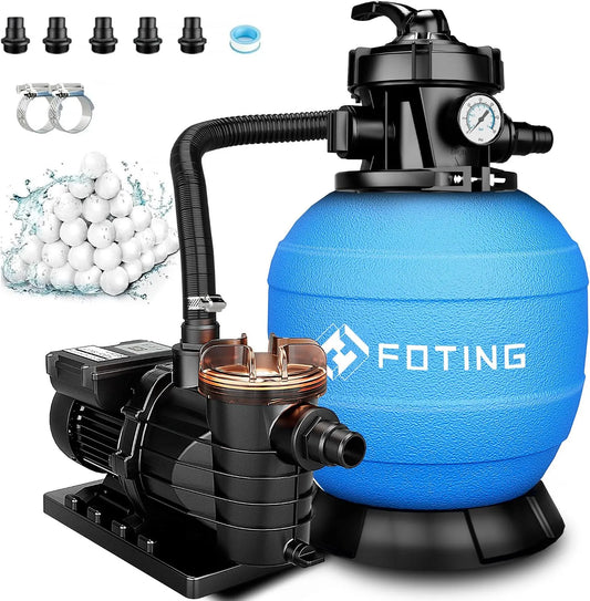 De Filtre à Sable pour Piscine 15 FOTING Système, Adaptateur 2-en-1 Ø32–38 mm, INCL. 200 g de Billes Filtrantes, Préfiltre, Minuterie 24 h