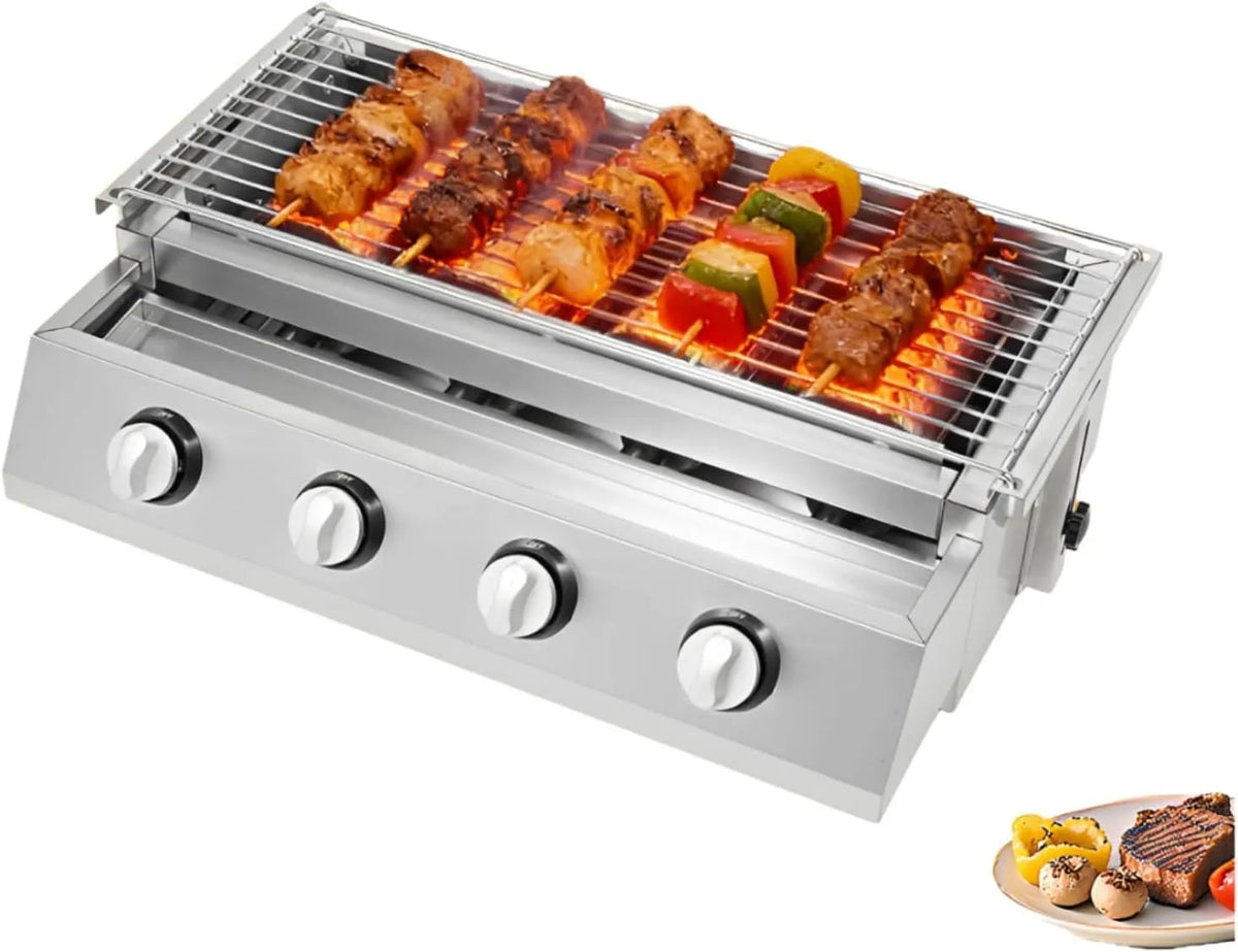Barbecue à gaz 2800, à 4 brûleurs en acier inoxydable avec tuyau de gaz et valve d'étranglement, Pa, Pour l'extérieur, Hauteur réglable
