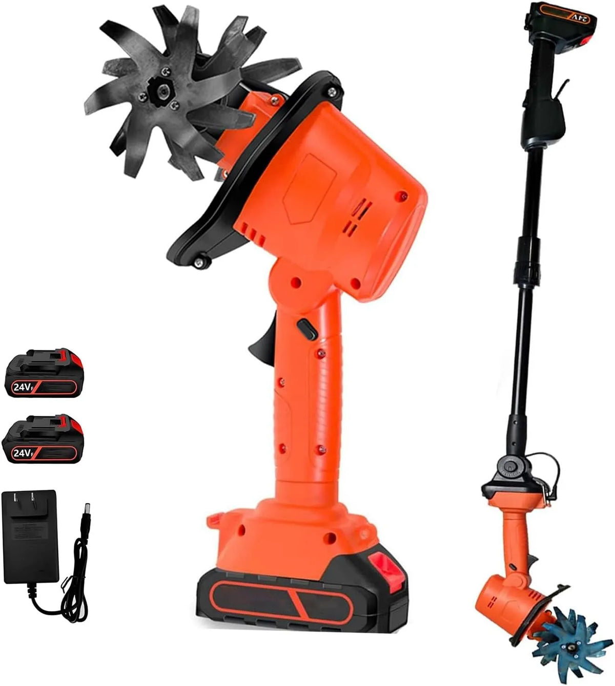 Motoculteur, 2 Batteries et Chargeur, Électrique Professionnel 24V, Manche Amovible 1.3m, Verger et Champ de Légumes, 235 TR/Min