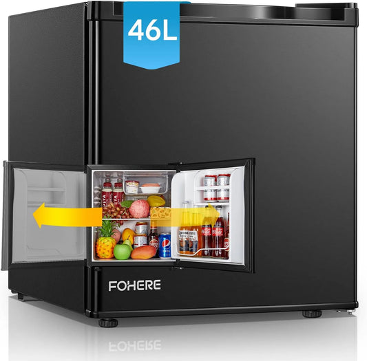 FOHERE réfrigérateur, Mini 46L, Petit Frigo Avec Congélateur, Silencieux, Porte Réversible, Pieds Réglables, Etagères Réglables, Minibar, Chambre