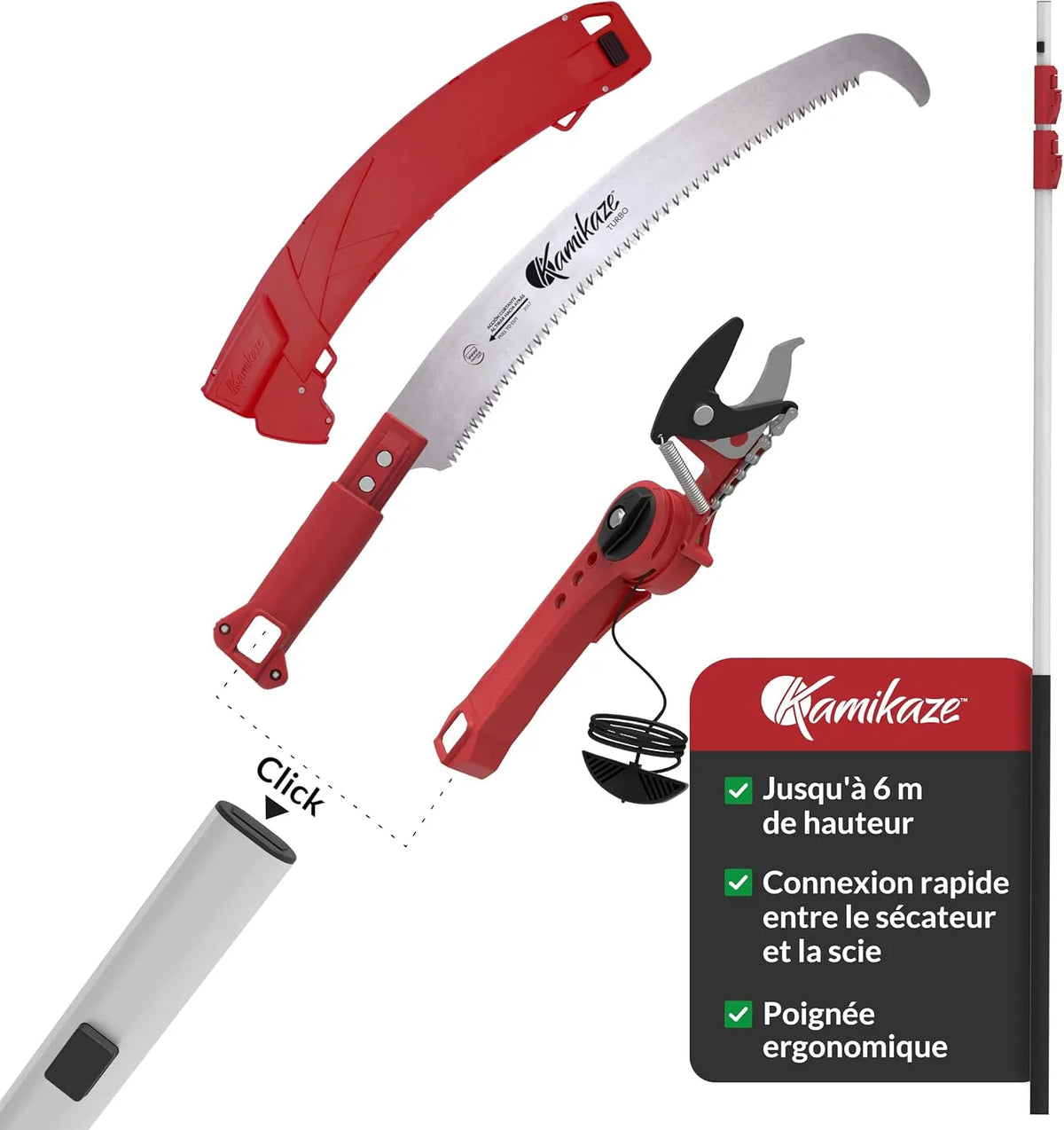 D'Élagage en Hauteur 3 en 1 de Kamikaze Kit, dimensions 3 x 2 m, Tête Rotative, Compatible avec Outils Wolf, Attache Rapide