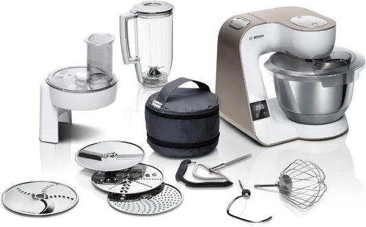 Bosch robot pâtissier MUM5XW20, 10 accessoires, Machine puissante 1000 W pour mélanger, 7 niveaux de vitesse + turbo, Balance intégré