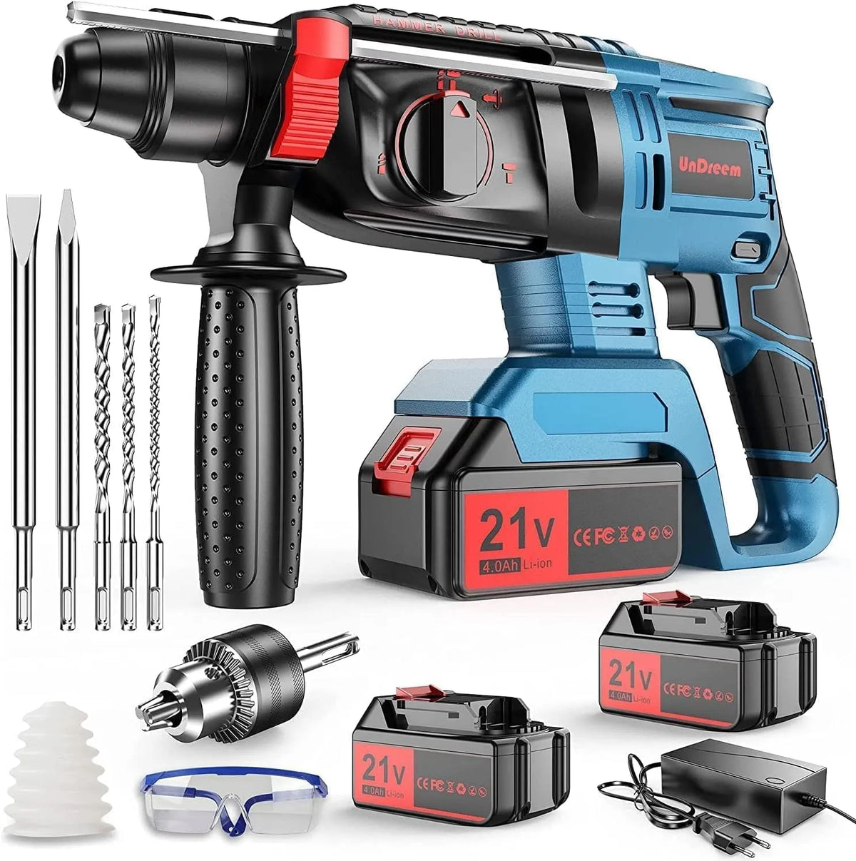 4000 Marteau Perforateur, 4000 mAh, Sans fil avec Aeux Batteries de Rechange 21 V mAh, Fonctions 4 en 1, Adaptateur SDS-plus avec Mandrin de Perçage