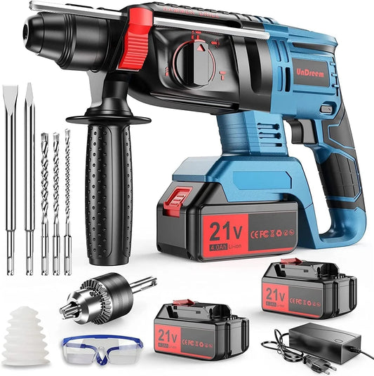 4000 Marteau Perforateur, 4000 mAh, Sans fil avec Aeux Batteries de Rechange 21 V mAh, Fonctions 4 en 1, Adaptateur SDS-plus avec Mandrin de Perçage