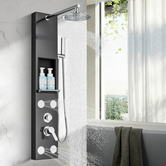 Douche thermostatique Colonne de, système 3 fonctions 3 en 1 avec pommeau de douche, poignée et 4 jets de corps avec étagère, finition noire