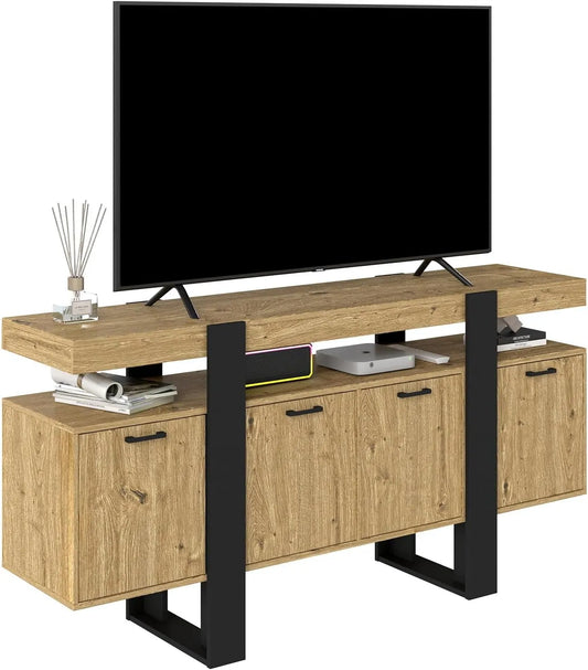 Meuble TV, Meuble Télé Style Industriel, dimensions 160x40x80cm, finition noire et Bois, Chambre, Meuble Rangement avec 2 Tiroirs & 2 Portes