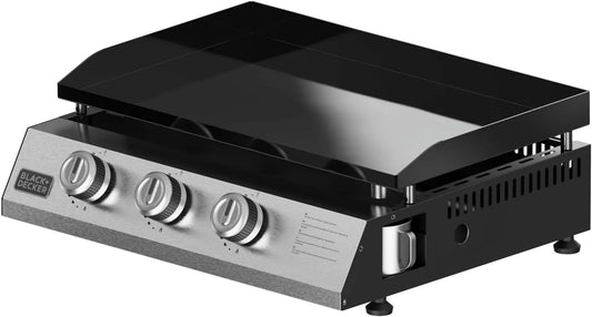 Black+Decker plaque de cuisson BXOP7350F, Plancha à gaz 3 brûleurs 2,45 kW, Surface cuisson 580x360 mm, 12 personnes, acier émaillé, Nettoyage facile