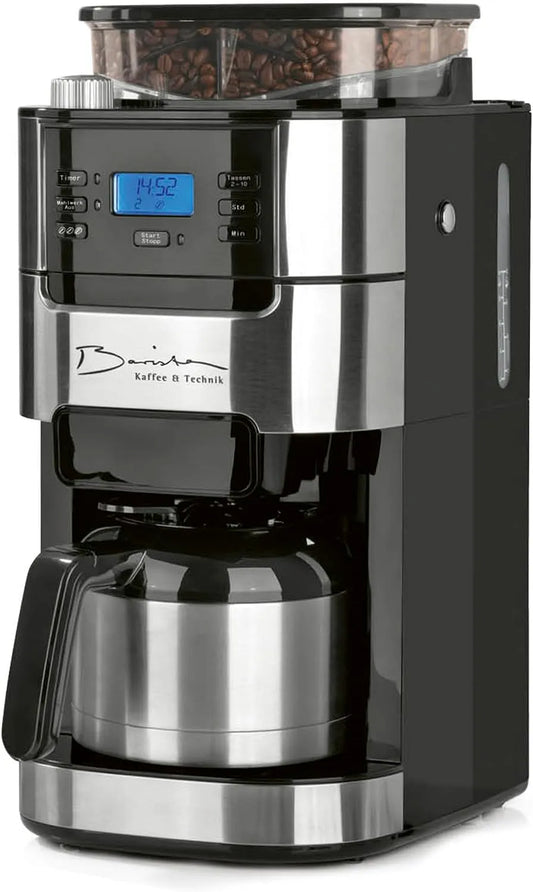 Cafetière Barista, Filtre avec verseuse Isotherme 1L pur 12 tasses de café, Machine a cafe grain avec broyeur et écran digital, Fonction de minuterie