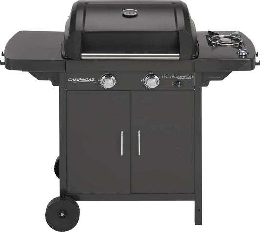 Barbecue à gaz, Campingaz 2 Series Classic EXS Vario avec 2 brûleurs, 1 Table latérale, 7,5 KW de Puissance, capacité 10 litres, finition noire