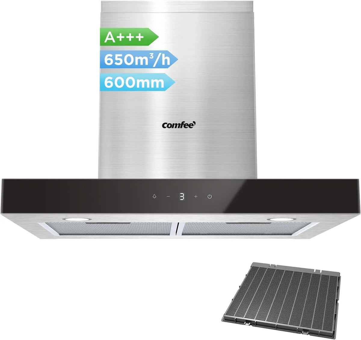 Comfee hotte aspirante TSHM77SS-60, 60 cm classe énergétique A+++ en acier inoxydable 650 m³/h avec LED