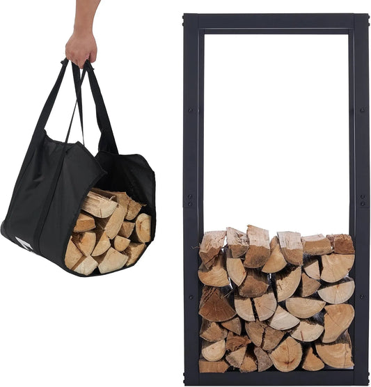 Chauffage + sac de transport Porte-bois de, Rangement en bois de cheminée, dimensions 50x25x100cm, Porte-Bûches, Métal, finition noire