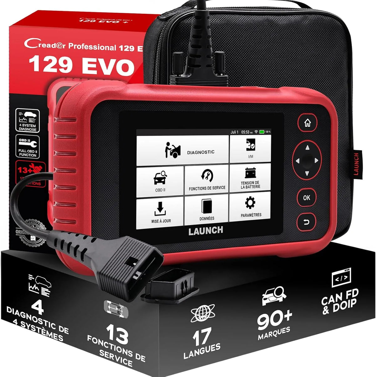 LANUCH Evo+ V3 Valise Diagnostic Auto,4-Système CRP 129 LANUCH CRP, ABS SRS Trans Moteur, CANFD et DoIP, EOBD Testeur, Mise à Jour Gratuite à Vie
